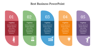 Colorful business slide with five sections, each numbered and containing text placeholders with icons.
