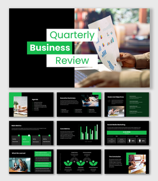 QBR Presentation template featuring executive summary, performance dashboards, social media metrics, and action plans