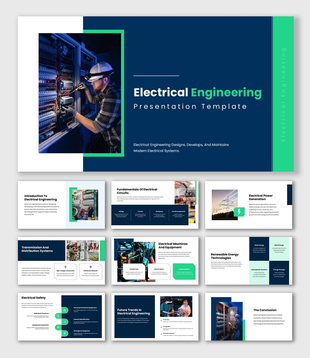 Electrical Engineering presentation with technician wiring control panels, power systems, circuits, and safety topics.