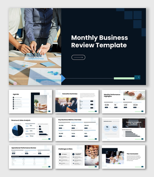 Monthly Business Review dashboard with KPI charts, revenue metrics, performance analysis, and business insights.