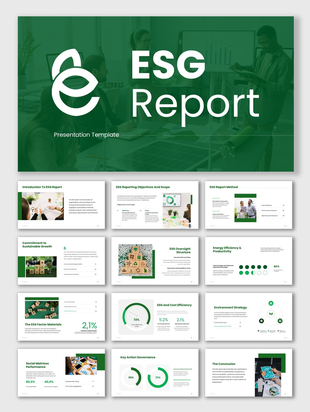 ESG Report presentation with sustainability metrics, governance charts, energy efficiency, and environmental insights.