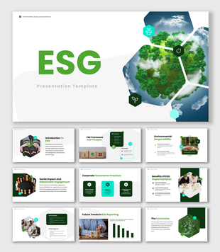 ESG presentation with green Earth graphic, sustainability icons, and environmental, social, governance framework.