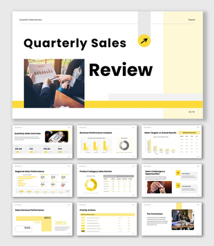 Quarterly Sales Review presentation with sales charts, revenue trends, KPIs, performance metrics, and strategy.