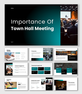 Importance Of Town Hall Meetings presentation with speaker, audience, employee engagement, leadership, and collaboration.