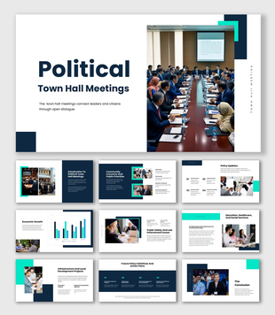 Political Town Hall Meetings presentation with leaders, citizens, policy updates, public discussion, and civic engagement.
