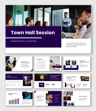 Town Hall Session with leader presenting to employees, agenda, business updates, growth charts, and team achievements.