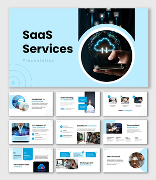 SaaS Services presentation with cloud platform, mobile device, security icons, business features, and SaaS workflow.