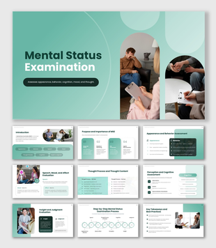 Mental Status Examination presentation with therapist, patient, assessment steps, cognition, mood, and behavior slides.