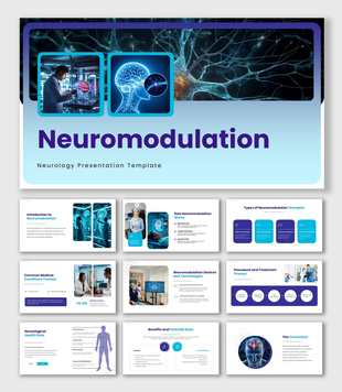 Neuromodulation presentation with brain, neurons, neurologist, therapy types, devices, treatment, and patient care.