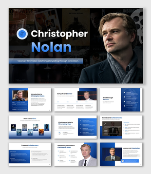 Christopher Nolan presentation with filmmaker portrait, iconic movie posters, career timeline, awards, and film legacy.