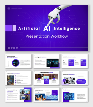 AI Presentation Workflow with robot hand, AI tools, planning, design, collaboration, and delivery process.
