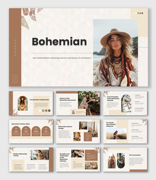 Bohemian presentation featuring woman in boho attire, fashion, interior design, culture, and creative lifestyle.