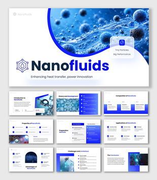 Nanofluids presentation with blue nanoparticles, heat transfer, properties, applications, and preparation methods.
