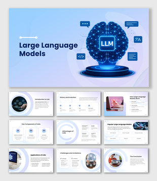 Large Language Models presentation with AI brain, LLM icon, chatbot, coding, translation, and workflow slides.