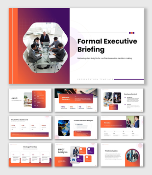 Formal Executive Briefing presentation with executive meeting, KPI dashboard, SWOT, timeline, and strategy slides.