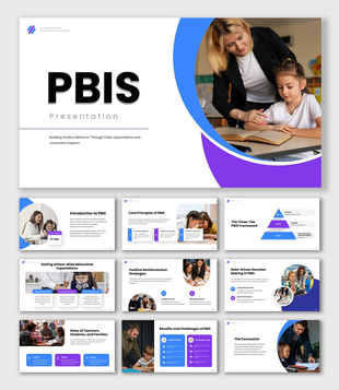 PBIS presentation with teacher and student, behavior support, three-tier framework, and positive reinforcement slides.