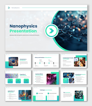 Nanophysics presentation showing molecular structures, quantum effects, nanoscale materials, and scientific research.
