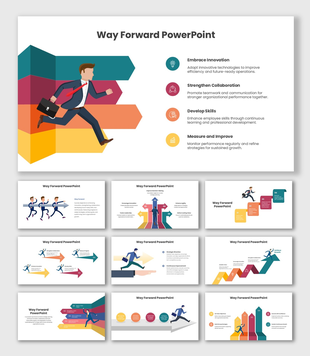 Way Forward presentation with business runner, arrow roadmap, innovation, teamwork, skill growth, and progress steps.