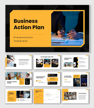 Business Action Plan presentation with strategy roadmap, team planning, financial charts, and growth action steps.
