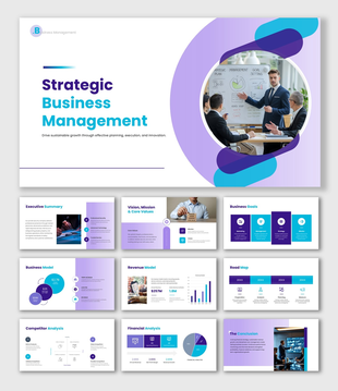 Strategic Business Management presentation with planning, business goals, roadmap, financial analysis, and growth strategy.