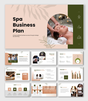 Spa Business Plan presentation showing facial massage, market size, staffing, SWOT analysis, and financial planning.