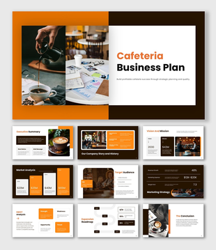 Cafeteria Business Plan presentation with coffee pouring, market analysis, pricing, SWOT, roadmap, and financial strategy.