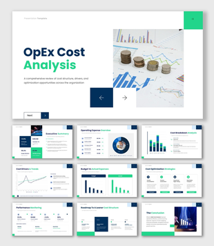 OpEx Cost Analysis with expense charts, cost drivers, budget comparisons, and optimization strategies.