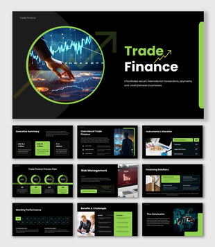 Trade Finance with market charts, transaction flow, risk management, financing solutions, and performance data.