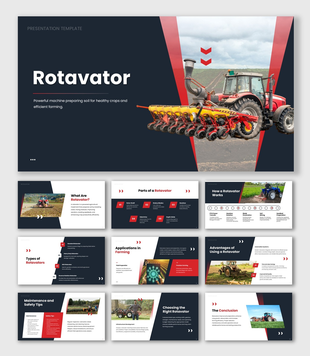 Rotavator PPT presentation showing a tractor-mounted tiller for soil preparation, crop farming, and efficient field work.