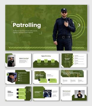 Patrolling guide showing security officers, patrol types, monitoring, equipment, and emergency response procedures.