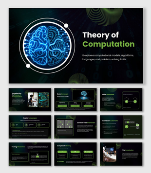 Theory Of Computation showing a digital brain with automata, languages, algorithms, and computational models.