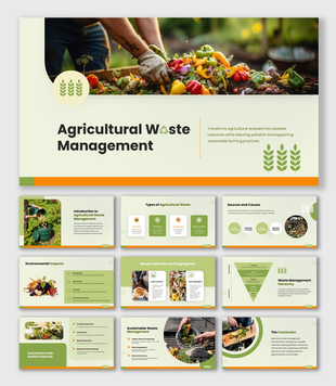 Agricultural waste management PPT showing waste types, collection, segregation, composting, and sustainable farming.