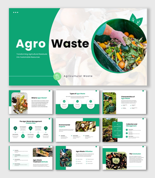 Agro Waste presentation overview showing crop residues, animal waste, processing waste, and sustainable resource use.