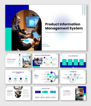 Product Information Management System showing product data types, workflows, integration, and centralized management.
