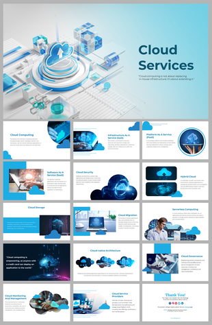 A pack of cloud services slides with various related topics and images with text descriptions.