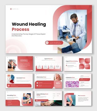The wound healing process presentation with a doctor treating a leg wound and stages from hemostasis to remodeling.