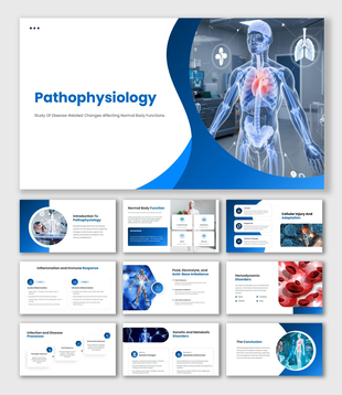 Pathophysiology presentation showing body systems, cellular injury, inflammation, fluid imbalance, and disease processes.