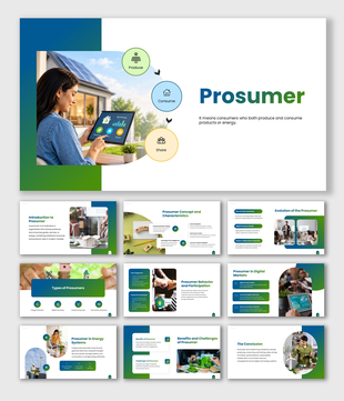 Prosumer overview showing solar energy production, consumption, sharing, digital markets, benefits and challenges.