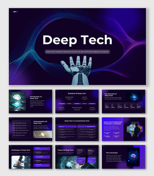 Deep Tech presentation showing robotics, AI, quantum computing, nanotechnology, advanced materials and future innovation.