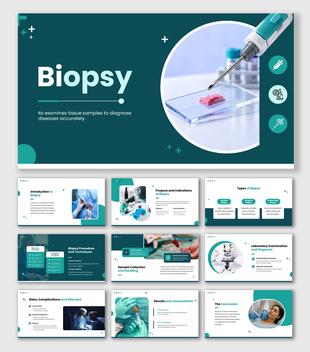 The Biopsy presentation showing tissue sampling, needle, microscope, specimen handling, diagnosis, and aftercare.
