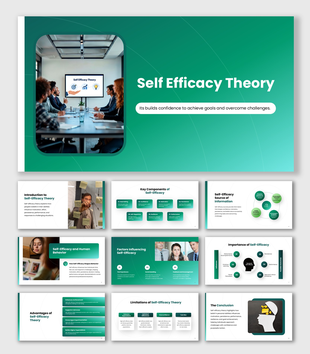 The Self Efficacy Theory presentation showing confidence, motivation, persistence, goal setting, and human behavior.
