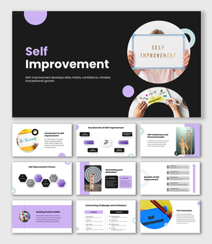 The Self Improvement presentation showing self-awareness, positive habits, goal setting, motivation, and personal growth.