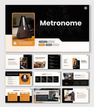 The Metronome presentation showing a mechanical metronome, tempo, rhythm, parts, uses, and music practice.