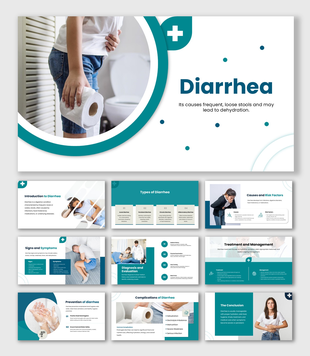 The Diarrhea presentation showing loose stools, types, causes, symptoms, diagnosis, treatment, and prevention.