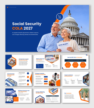 Social Security COLA 2027 PPT shows retirees, Capitol building, benefit changes, inflation, and monthly payment impacts.
