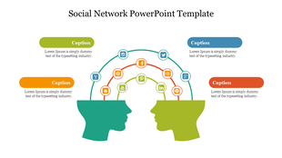 A social network slide showing two human heads connected by social media icons such as Facebook, YouTube, and Twitter.