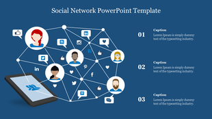 Social network template featuring interconnected user icons and social media logos on a blue background.