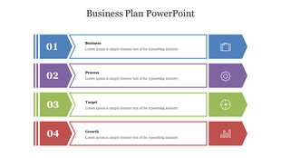 A business plan PowerPoint slide with four sections Business, Process, Target, and Growth, each with a corresponding icon.