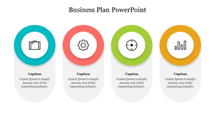 Business plan layout with teal, red, green, and orange icons depicting key objectives each placed with caption areas.