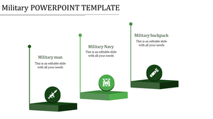 Slide showcasing military symbols on green stages with vertical lines connecting placeholders text areas.
